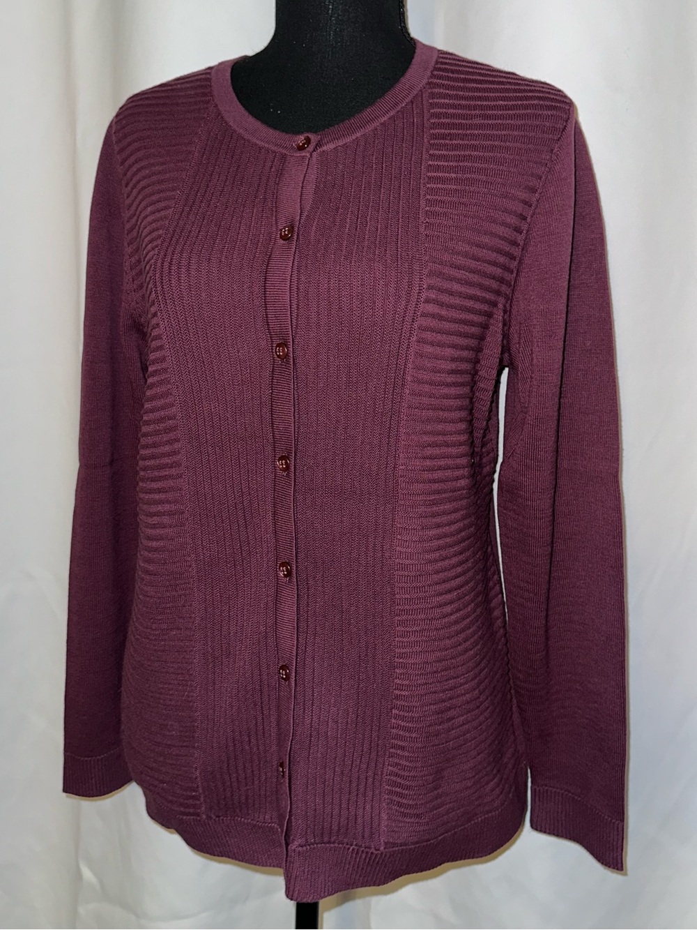 Christopher & Banks Plum Maroon Ribbed Button-Front Cardigan NEW Medium